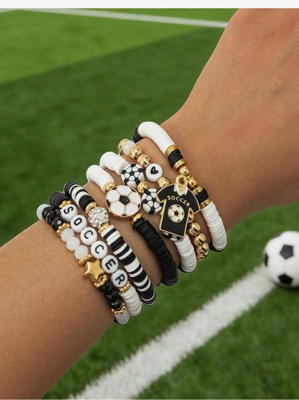 Soccer Themed Jersey Charm Stackable Beaded Braceletsβ-Black & White - Picture 2 of 7